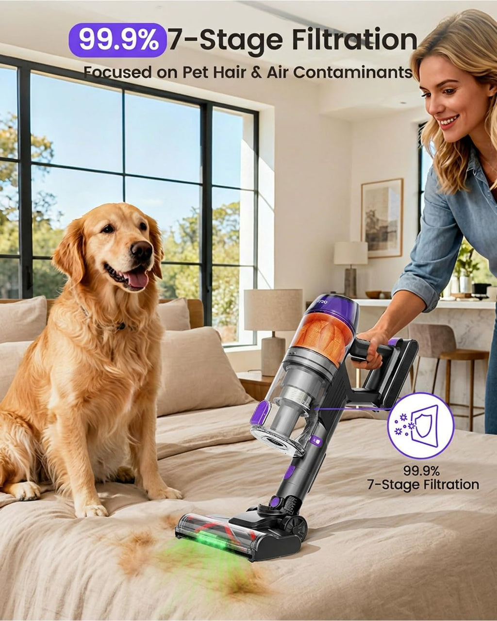 Cordless Vacuum Cleaner,500W 40KPa 120Mins Runtime with 2 Batteries,Anti-Tangle Stick Vacuum with Green Light,Rechargeable Wireless Vacuum for Pet Hair/Carpet/Hardwood Floor,Purple