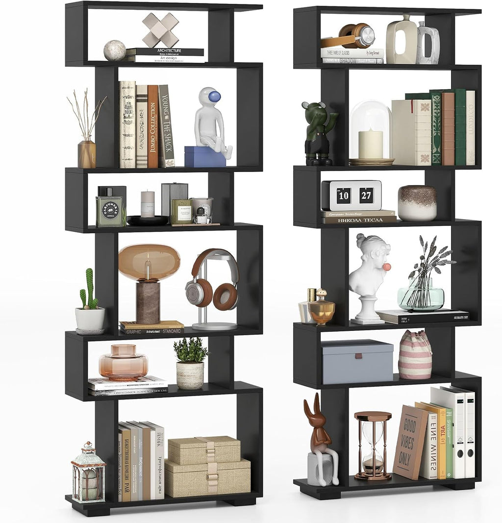Giantex 6-Tier Geometric Bookshelves Set of 2, S-Shaped Bookcase with 2 Anti-Tipping Kits, Wooden Display Shelf, Decorative Storage Shelving Unit, Home Storage Organizer for Office Living Room, Black