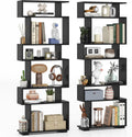 Giantex 6-Tier Geometric Bookshelves Set of 2, S-Shaped Bookcase with 2 Anti-Tipping Kits, Wooden Display Shelf, Decorative Storage Shelving Unit, Home Storage Organizer for Office Living Room, Black