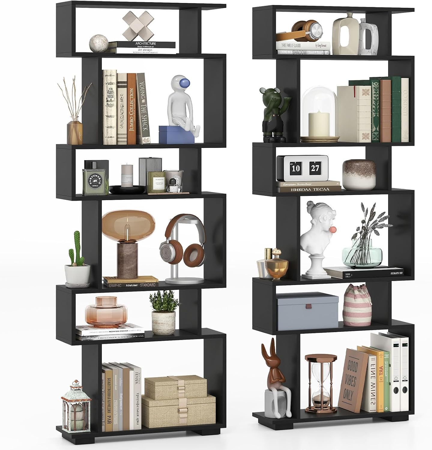 Giantex 6-Tier Geometric Bookshelves Set of 2, S-Shaped Bookcase with 2 Anti-Tipping Kits, Wooden Display Shelf, Decorative Storage Shelving Unit, Home Storage Organizer for Office Living Room, Black