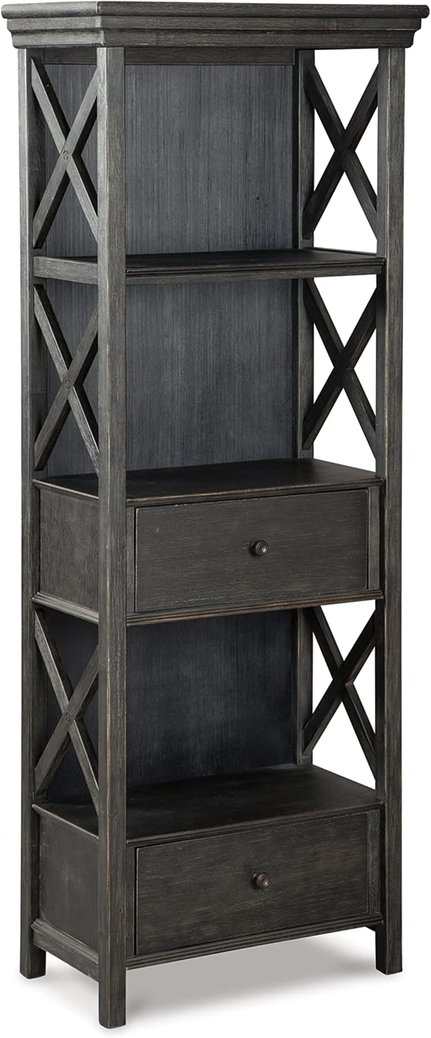 Signature Design by Ashley Tyler Creek Casual Farmhouse 75' Display Cabinet or Bookcase with Drawers and Shelf, Open Lattice Sides, Wood, Gray Black Finish