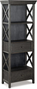 Signature Design by Ashley Tyler Creek Casual Farmhouse 75' Display Cabinet or Bookcase with Drawers and Shelf, Open Lattice Sides, Wood, Gray Black Finish