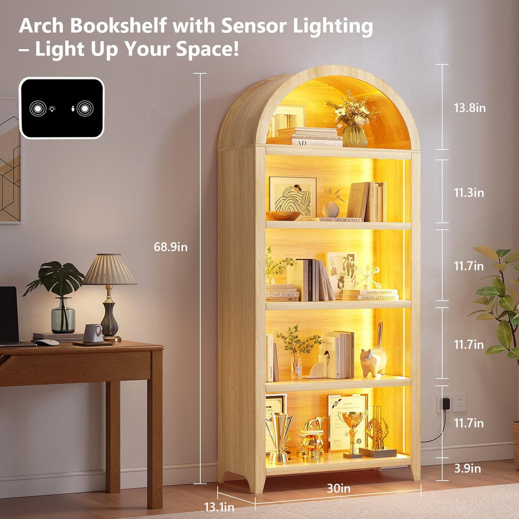Arch Bookcase - 5 Layers Bookshelf with 3 Colors LED Sensor Lights and Thickened Wooden Design Display Shelf for Lego Books Bathroom Living Room - Ideal Gift (Light Wood)