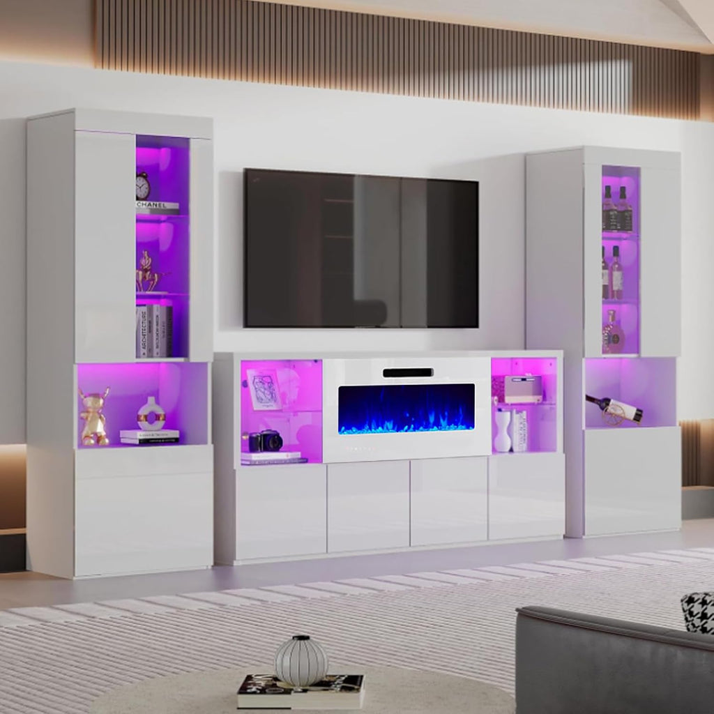 AMERLIFE 2 Piece 71in Tall Bookcase Storage Cabinet with Glass Doors, Modern High Gloss LED Bookshelf Display with 5 Tiers for Storage & Adjustable Glass Shelves for Living Room, Office, White