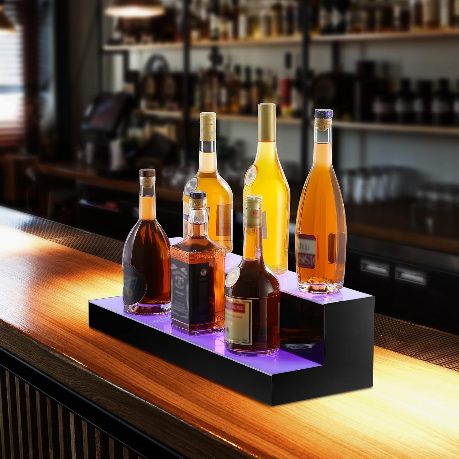 VEVOR LED Lighted Liquor Bottle Display, 2 Tiers 24 Inch Commercial Illuminated Home Bar Shelf, 2 Steps Whiskey Rack Stand, Acrylic Drink Shelves with RF Remote & App Control, and Multicolor Light