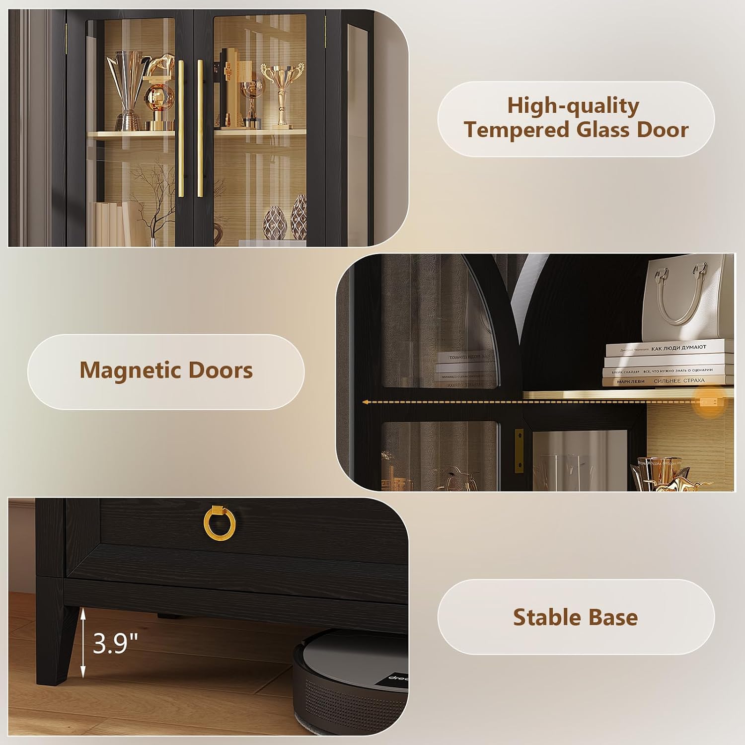 LVSOMT 71' Tall Arched Storage Cabinet with Glass Doors and Drawers, Curio Display Cabinet with Adjustable LED Light & Human Sensor, 4-Tier China Cabinet for Living Room(Black+Wood)
