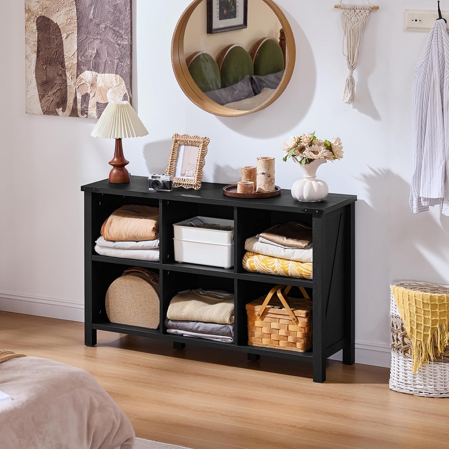 Joaxswe 6 Cube Bookcase, Farmhouse Wood Low Storage Organizer Book Shelf, Black 47' Horizontal Console Bookshelf with Legs, Hallway Book Case for Entryway, Display Cabinet for Living Room, Office