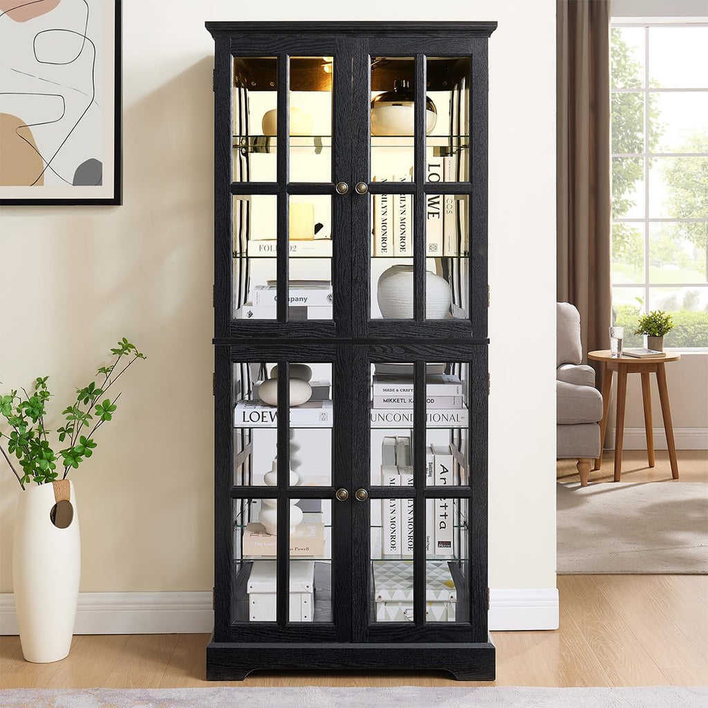 Lighted Glass Curio Cabinet with Lights & Adjustable Shelves,Curio Display Cabinet with Wood Frame & Glass Door,Corner Antique Display Case for Kitchen,Living Room,Office