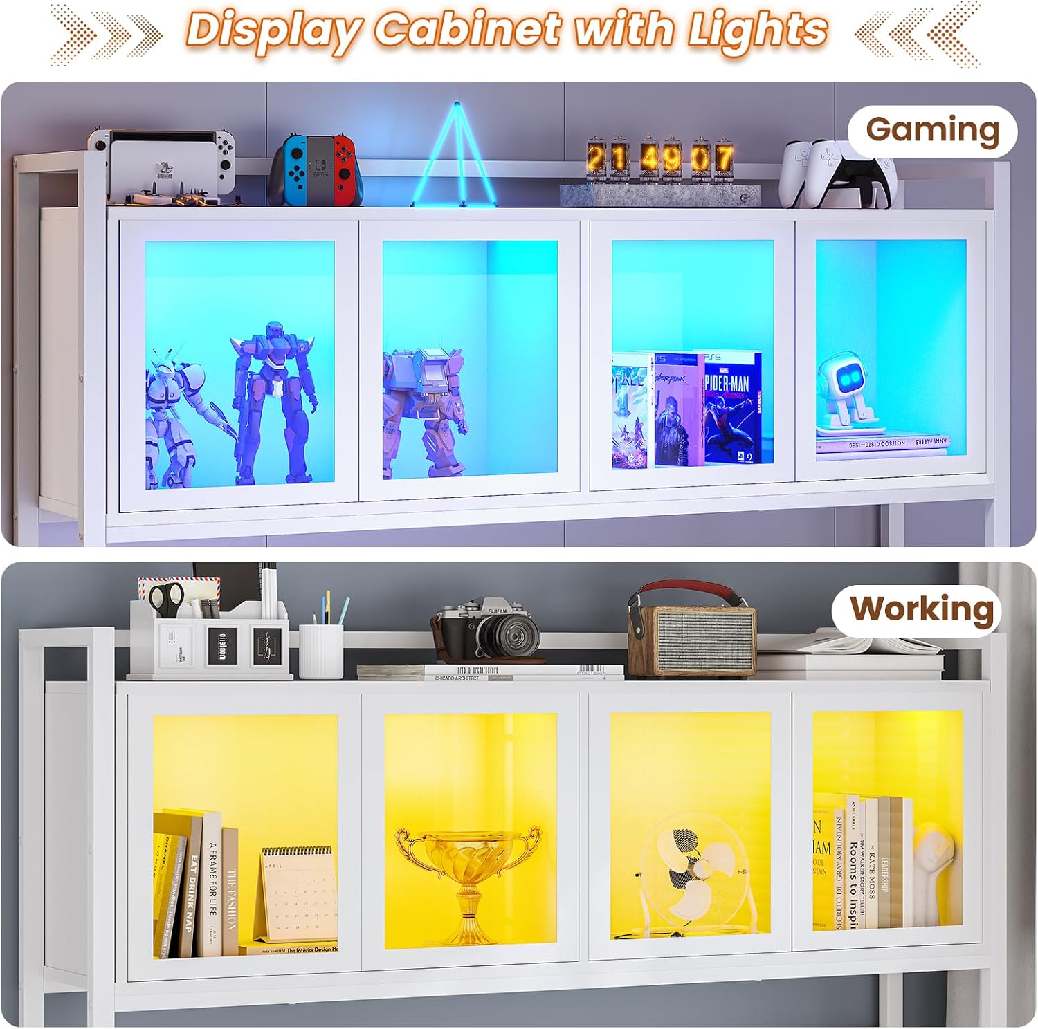 SEDETA L Shaped Gaming Desk with Drawers, L Shaped Computer Desk with Hutch and Storage Shelves, Gaming Desk with Pegboard, Led Lights, and Power Outlet, Home Office Desk, Corner Desk, White