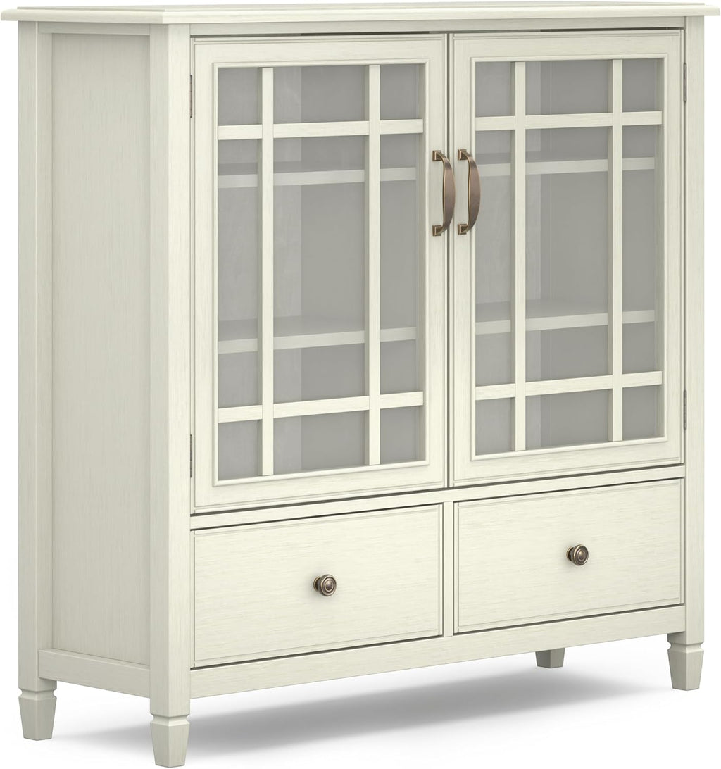 SIMPLIHOME Connaught Storage Cabinet - 46 inch Wide Solid Wood Tall Cabinet in Antique White, Traditional Console for Living Room or Dining Room with Glass Doors, Adjustable Shelves, and Drawers