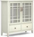 SIMPLIHOME Connaught Storage Cabinet - 46 inch Wide Solid Wood Tall Cabinet in Antique White, Traditional Console for Living Room or Dining Room with Glass Doors, Adjustable Shelves, and Drawers