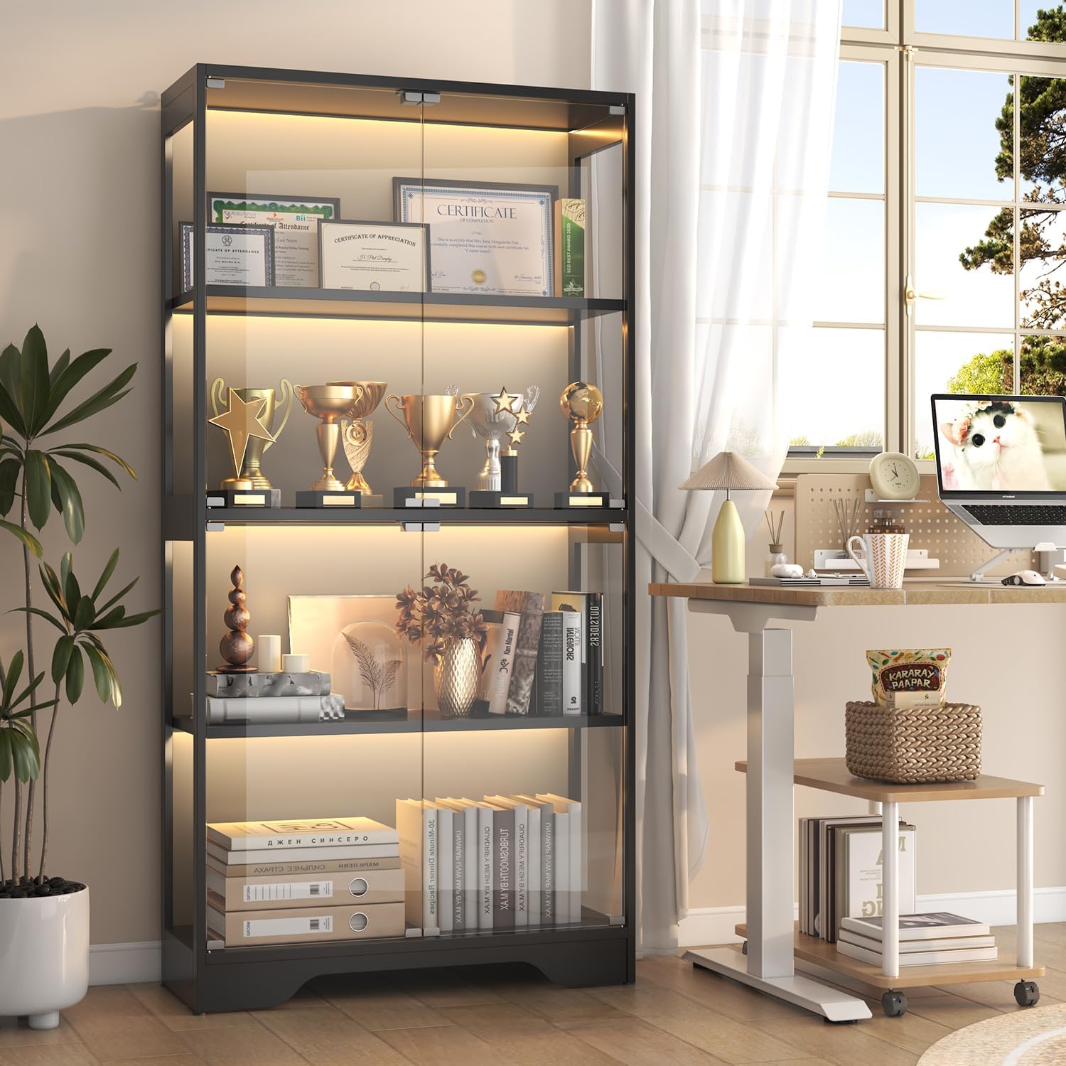 UNIQUITE Display Cabinet with Glass Doors, 63' Curio Cabinet with Color Lights for Collectibles, 4-Tier Display Case with Human Body Sensor for Artwork Books, Black