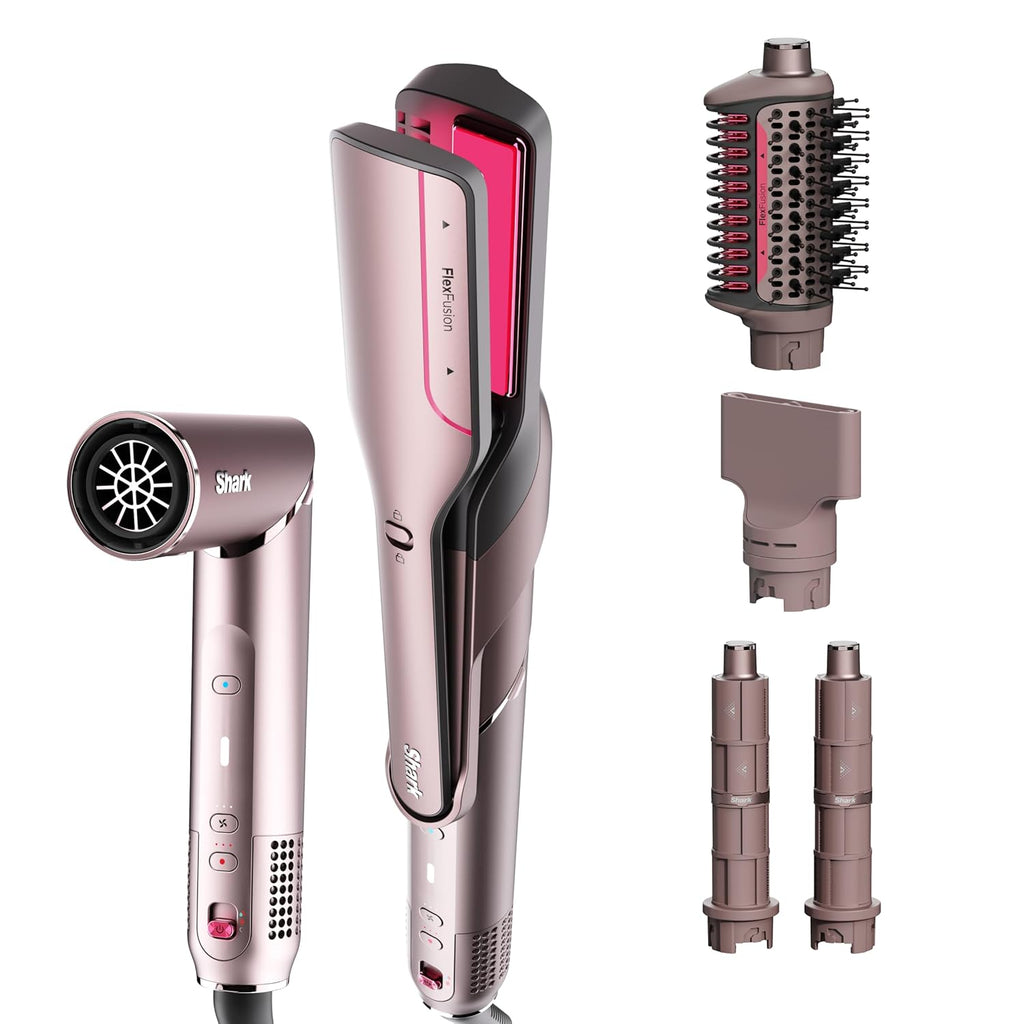 Shark FlexFusion Hair Straightener & Powerful Hair Dryer with Fusion Hair Brush, Ceramic Air Styler with Auto-Wrap Curlers & Concentrator, Ceramic Plates, Cosmic Blush HD641S