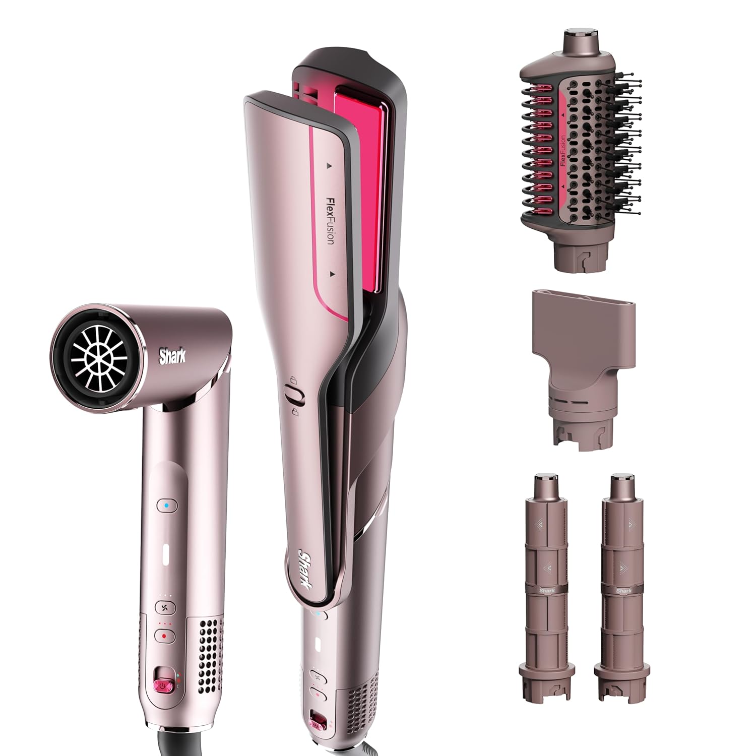 Shark FlexFusion Hair Straightener & Powerful Hair Dryer with Fusion Hair Brush, Ceramic Air Styler with Auto-Wrap Curlers & Concentrator, Ceramic Plates, Cosmic Blush HD641S
