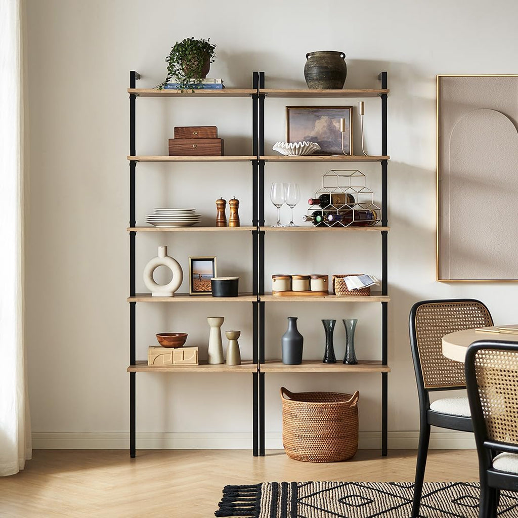 mopio Norwin Ladder Book Shelf, Wall-Mount Storage Rack, Wall Bookshelf, Farmhouse Industrial Bookcase, Narrow Slim Organizer, Steel Frame Display Shelves, Living Room, Bedroom (5-Tier Shelf Double)