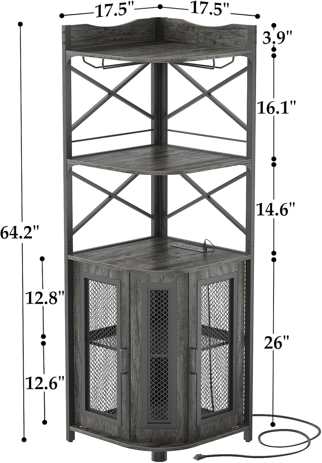Aheaplus Corner Bar Cabinet with Power Outlet, Industrial Wine Cabinet with LED Strip and Glass Holder, 5-Tiers Liquor Cabinet Bar Unit for Home, Corner Display Cabinet for Small Space, Grey Oak