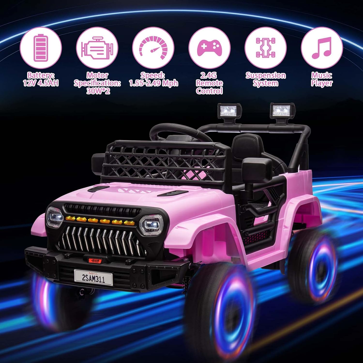 12V Ride On Car for Kids Electric Vehicle Toddlers Battery Powered Truck Car Toy with Remote Control, 4-Wheel Suspension, Battery Display, LED Lights, Music, for Boys Girls, Pink