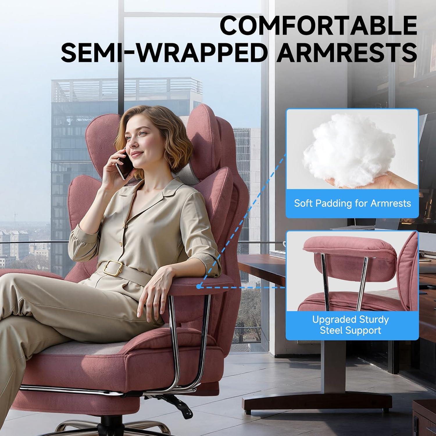 GTPLAYER Gaming Chair,Office Chair with Pocket Spring Lumbar Support, Ergonomic Comfortable Wide Office Desk Computer Chair with Outward Fixed Soft Armrests and Footrest (Fabric, Pink)