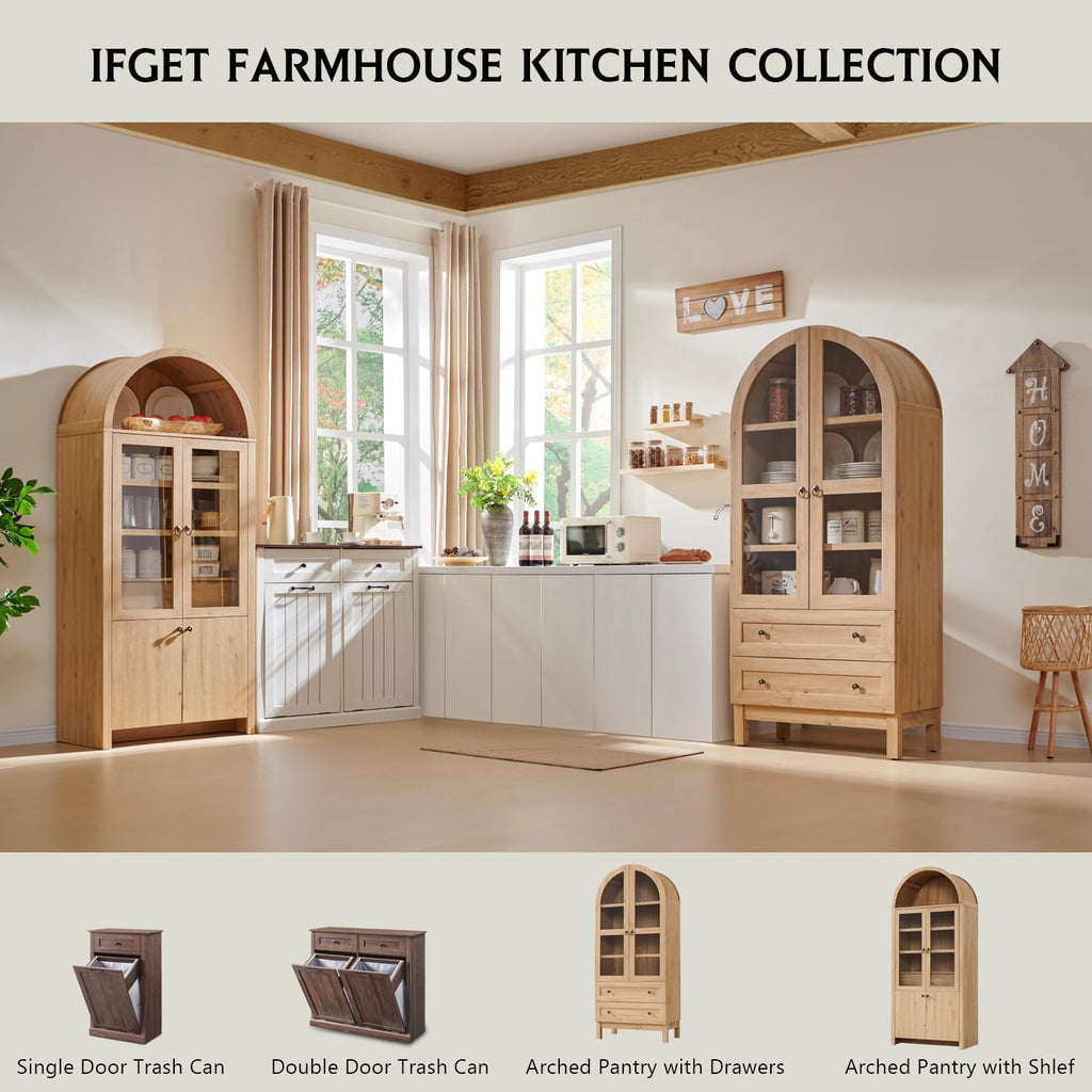 IFGET 71' Tall Arched Kitchen Pantry, Modern Farmhouse Wood Kitchens Storage Cabinets with 2 Large Drawers and Adjustable Shelves, Versatile Cupboard for Kitchen, Dining Room, Bathroom, Natrual