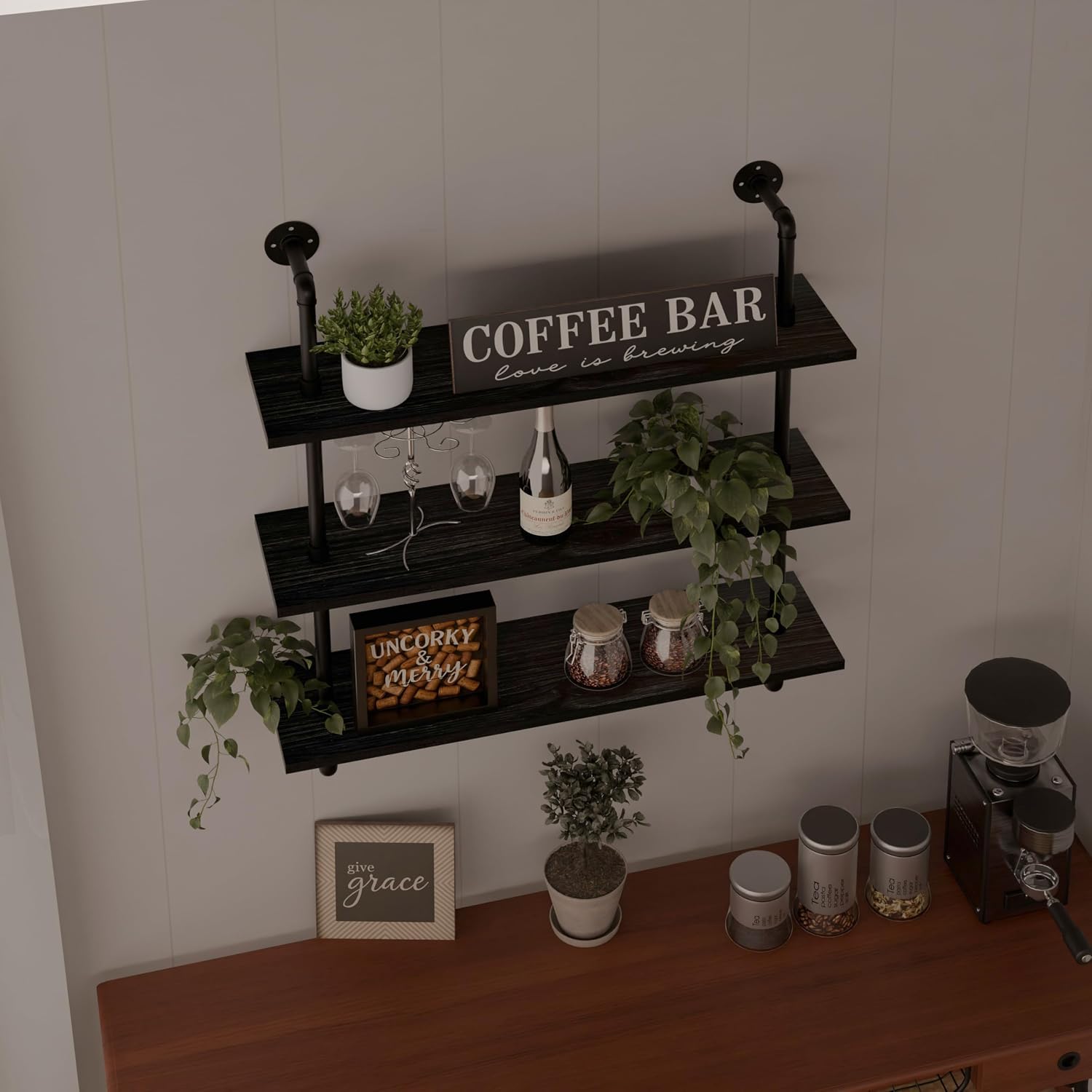 HDDFER Industrial Pipe Shelf Shelving Bookcase, Wall Mounted Rustic Bookshelf, Floating Bookshelves for Wall,Retro Wood Metal Pipe Industrial Shelves for Living Room