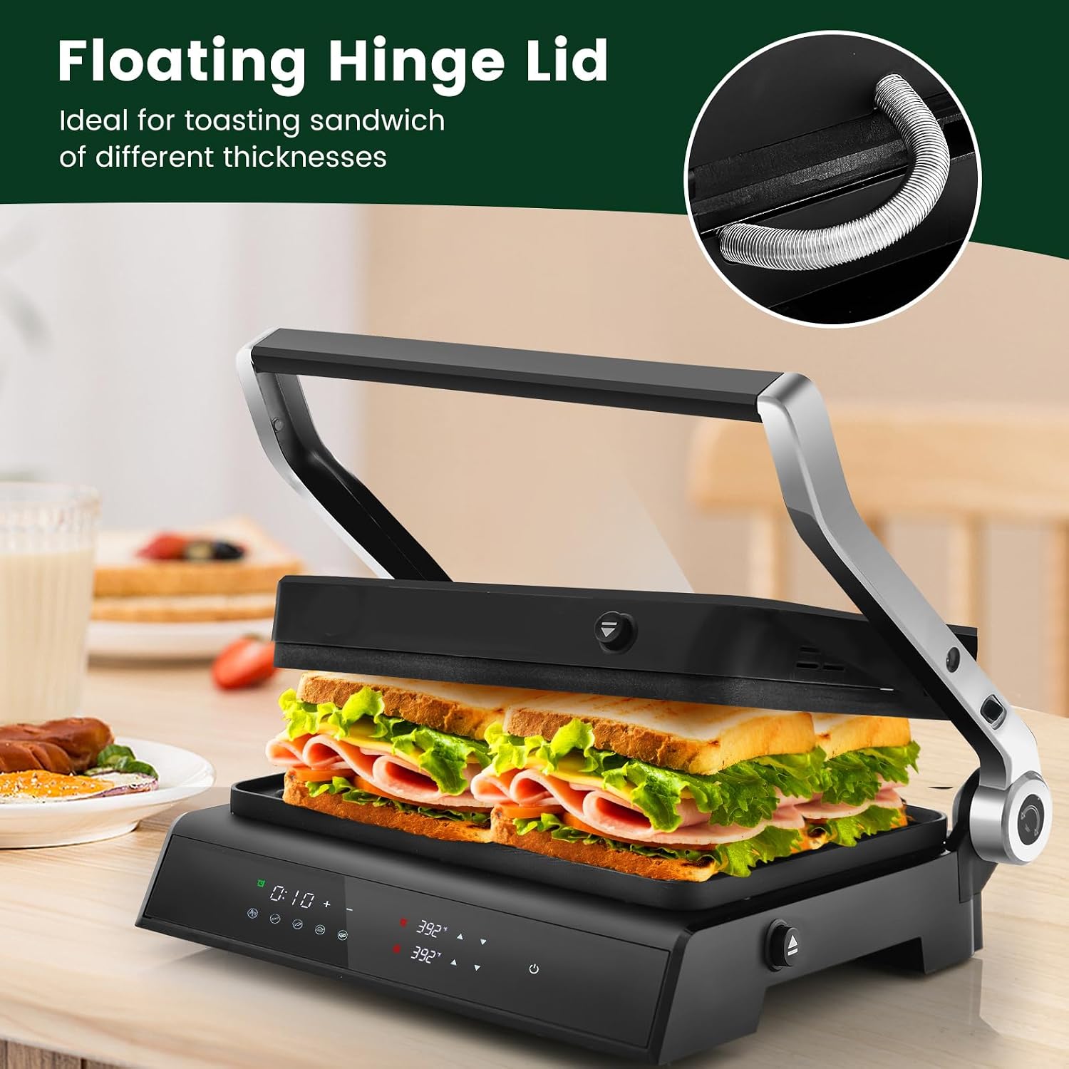 ARLIME Panini Grill Press Sandwich Maker, 180 Degrees w/5 Auto Cooking Modes & LED Display, 1200W Electric Indoor Grill with Removable Plates & Drip Tray, 3 in 1 Panini Press Grill for Breakfast