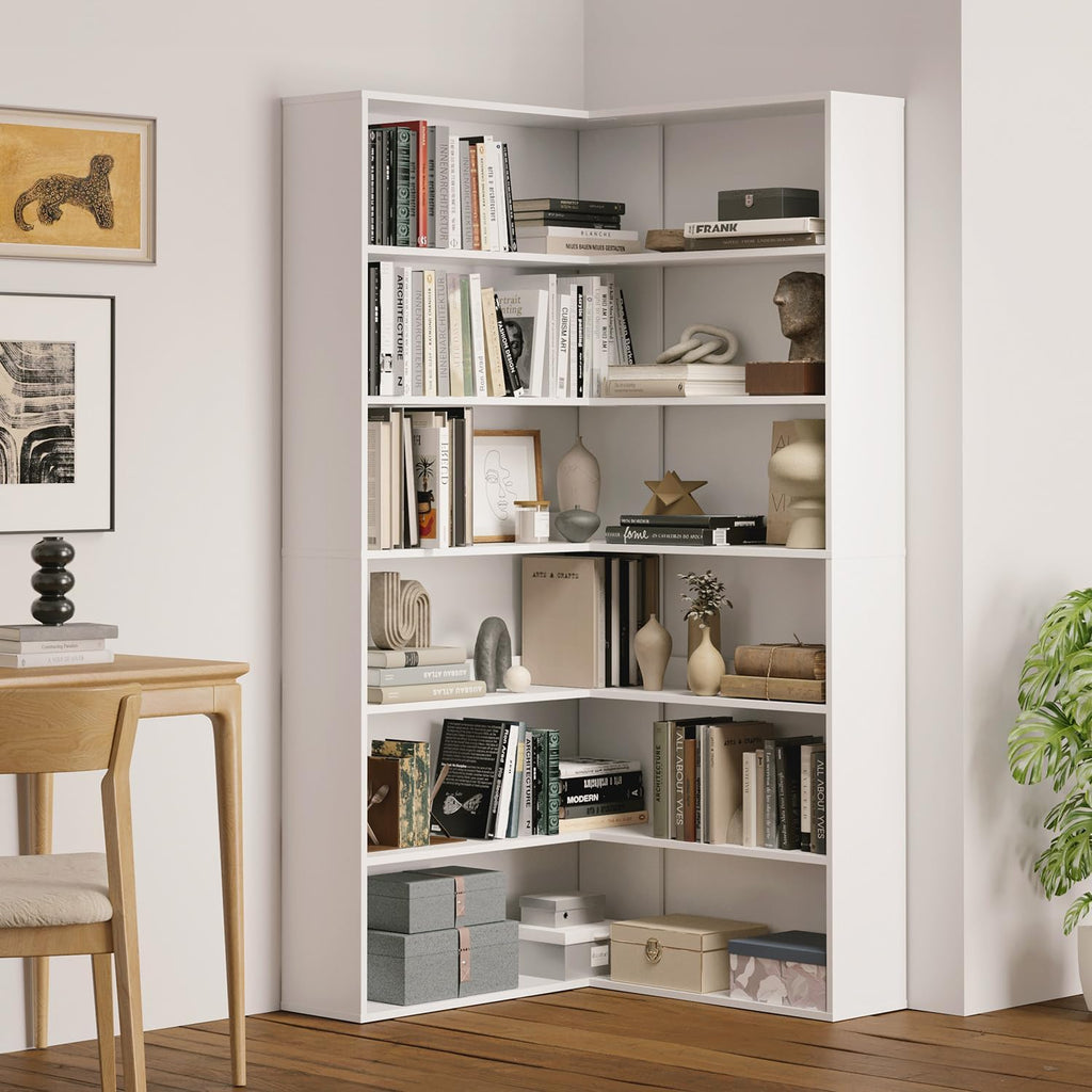 MXV 71.5' Tall L-Shaped Corner Bookshelf, 6-Tier 35.2' Wide Wooden Bookcase with Storage Organizer, Display Shelf for Home, Office, Living Room (35.2')
