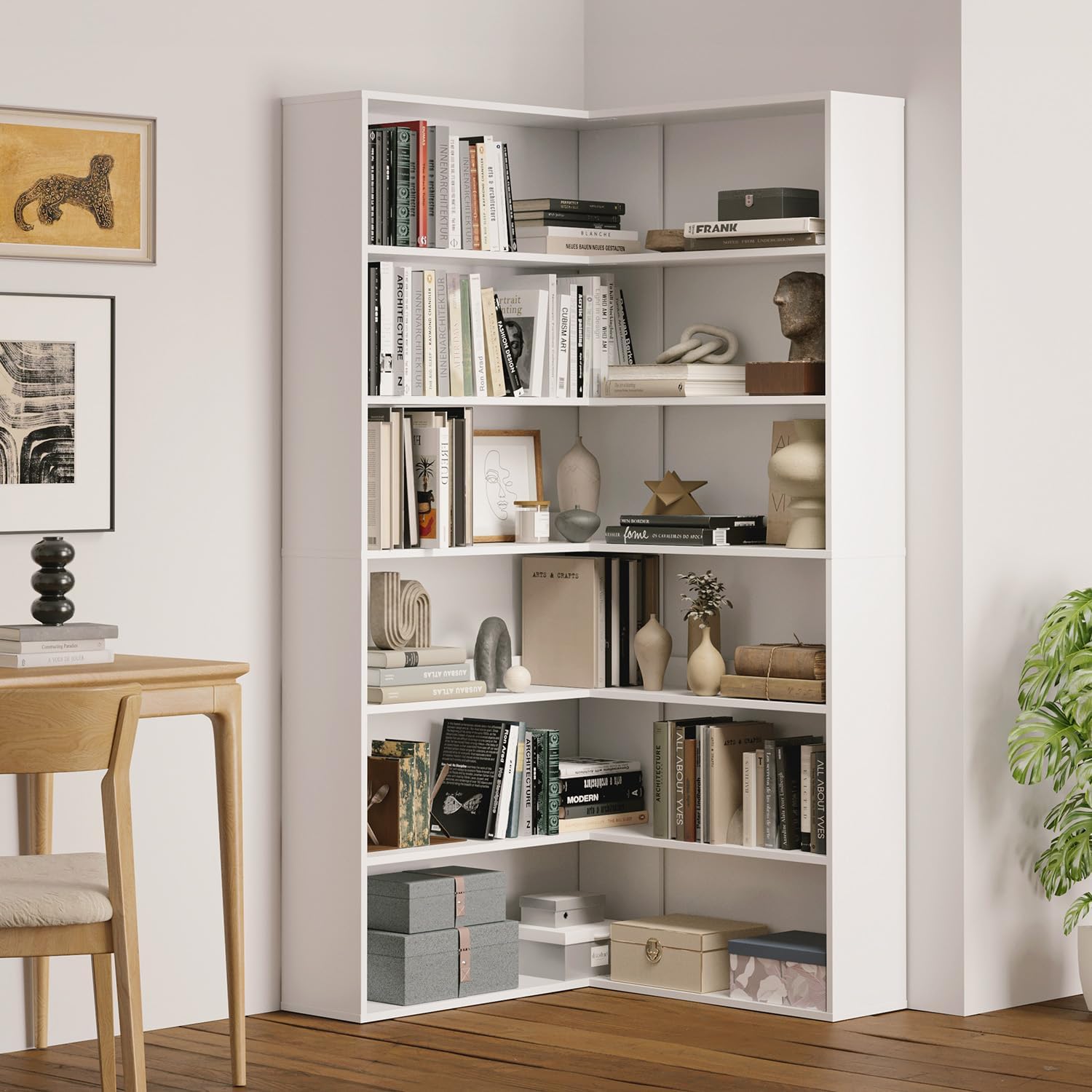 MXV 71.5' Tall L-Shaped Corner Bookshelf, 6-Tier 35.2' Wide Wooden Bookcase with Storage Organizer, Display Shelf for Home, Office, Living Room (35.2')