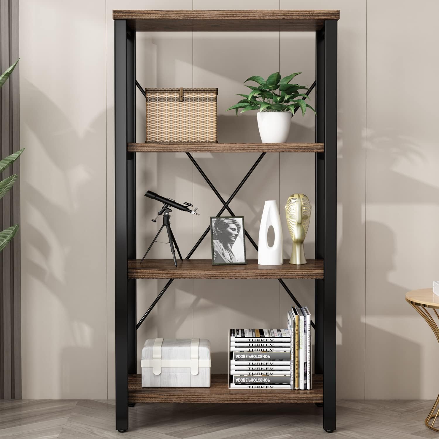 AY-AOYUAN 4 Tier Bookshelf, Solid Wood Bookcase Shelf Storage Organizer, Vintage Storage Rack with Open Shelves Rustic Standing Bookshelves for Living Room,Bedroom Rustic Brown(AY01-4tier)