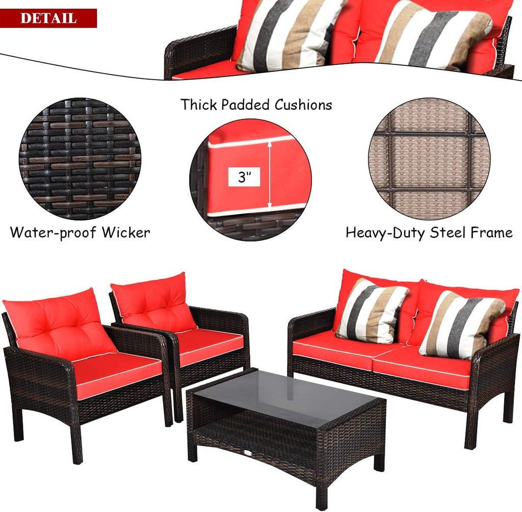 Tangkula 4 Piece Patio Furniture Set, Outdoor Wicker Conversation Set with Glass Top Coffee Table, All Weather Proof and Thick Cushions, Suitable for Porch, Garden, Poolside and Lawn (Red)