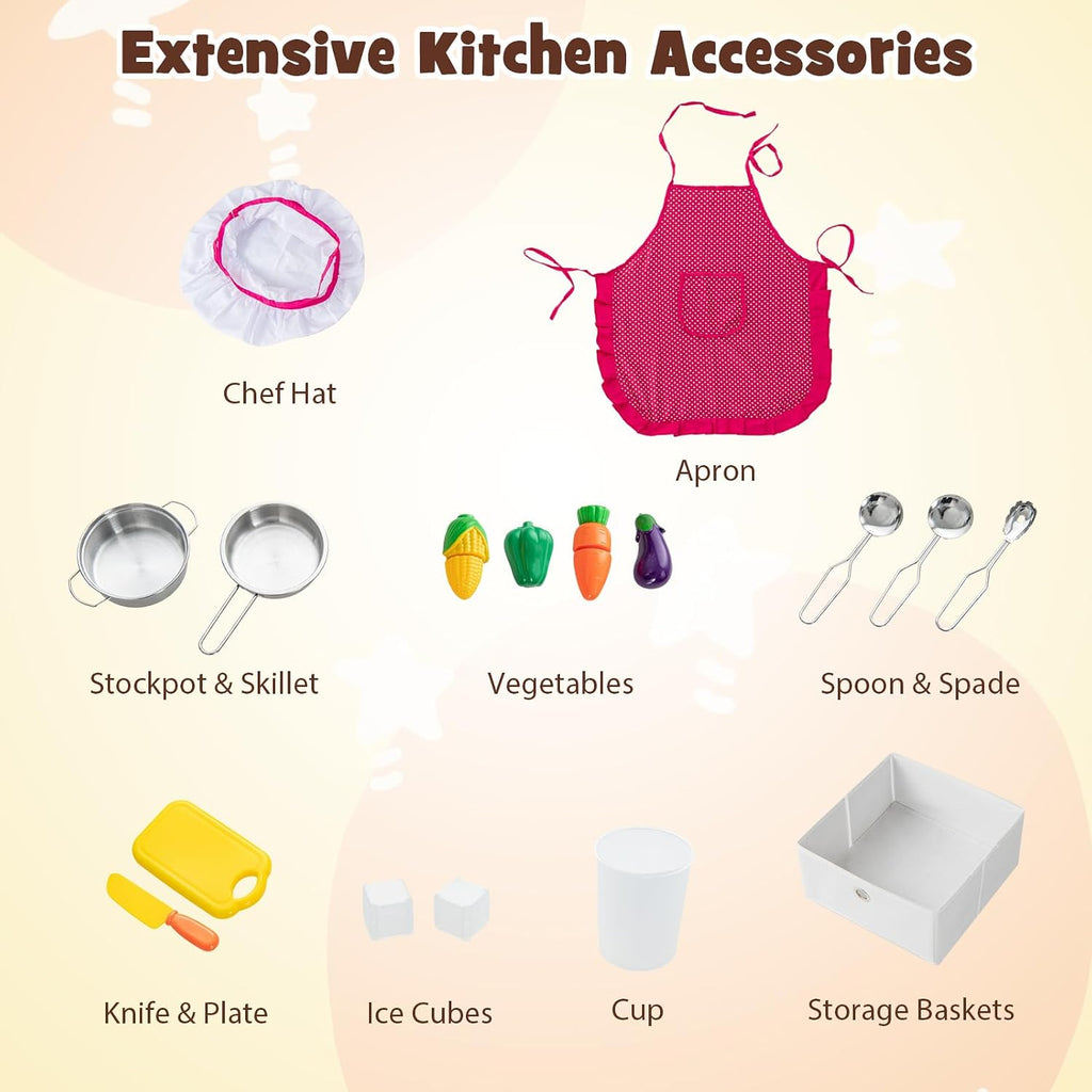 INFANS Kids Kitchen Playset with Real Running Water, Ultimate Wooden Corner Pretend Cooking Set with Simulation Light Sound Stove Storage Cabinet, Play Toy Gift