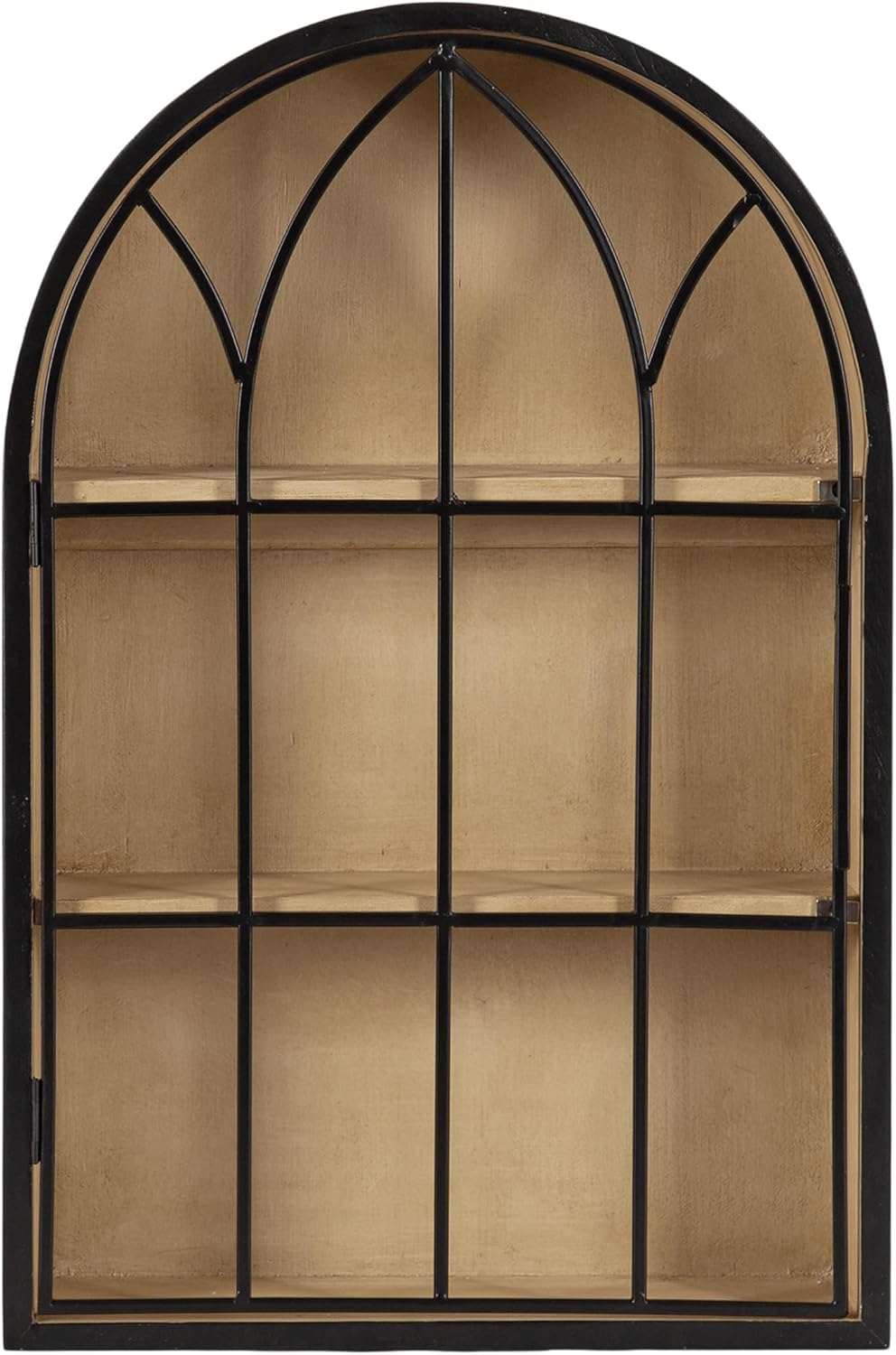 Kate and Laurel Megara Decorative Wooden Hanging Arched Wall Cabinet with Door for Open Storage; 16 x 6 x 24; Black and Natural Wood; Wooden Floating Wall Bathroom Cabinet for Above Toilet Storage