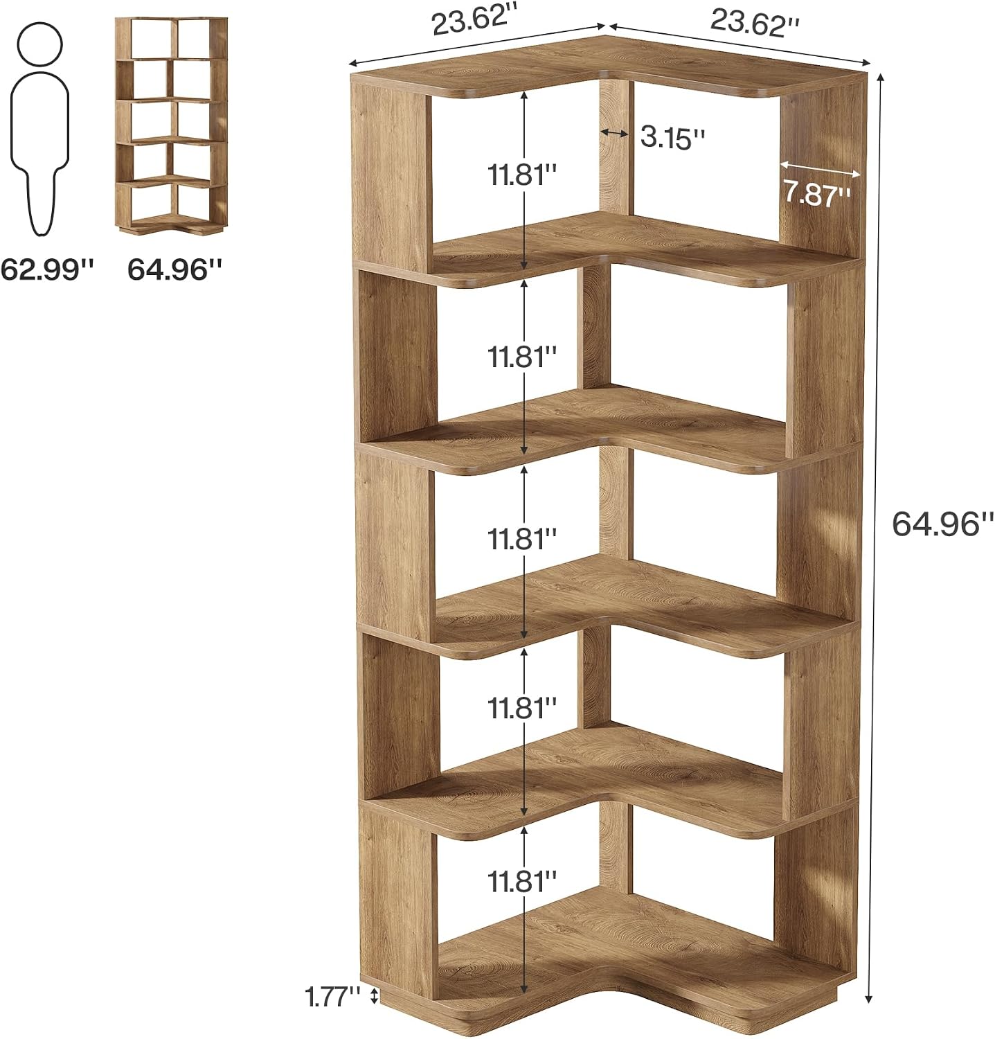 Tribesigns 6 Tier Corner Bookshelf, 64.9 Inches Tall L Shaped Bookcase with Anti-Drop Panel, Freestanding Wood Grain Shelf Display Rack Storage Organizer for Home Office (Light Brown)