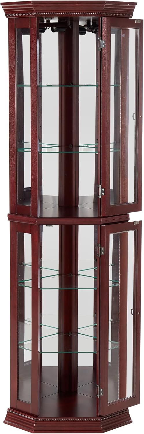 70' Adjustable Tempered Glass Showcase Cabinet, Lego Display Case with Mirrored Back, Lego Display Shelves with Built-in Lights for Home Living Room Corner, Cherry