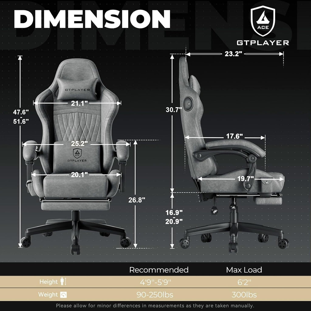 GTPLAYER ACE-PRO Music Gaming Chairs – Built-in Speakers, App Support & Bluetooth Control, Computer Game Chairs with Footrest for Adults, Ergonomic Reclining Silla, Linkage Armrest, Grey