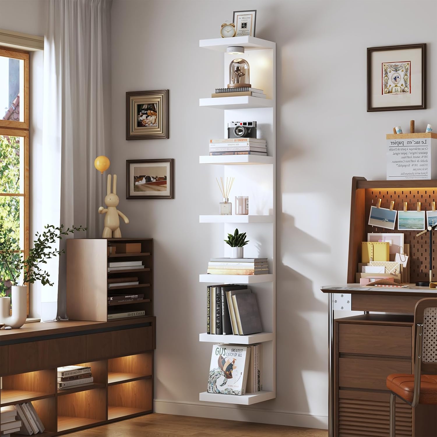 2 Pack-7 Tier Vertical Wall Shelf Unit with USB Rechargeable LED Light (Remote Controlled),Floating Lack Shelf,Versatile Display Shelves for Home Storage, Decor,Vanity-White