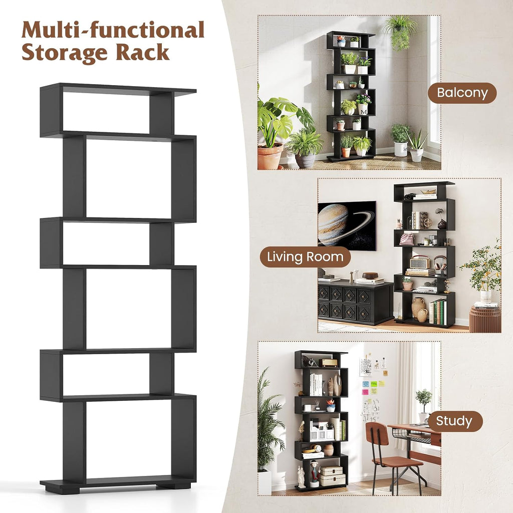 Tangkula 6-Tier S-Shaped Bookshelf, 64' Freestanding Geometric Bookcase, Home Office Wood Storage Shelf with Anti-Toppling Device, Room Divider Display Rack for Study, Living Room (2, Black)