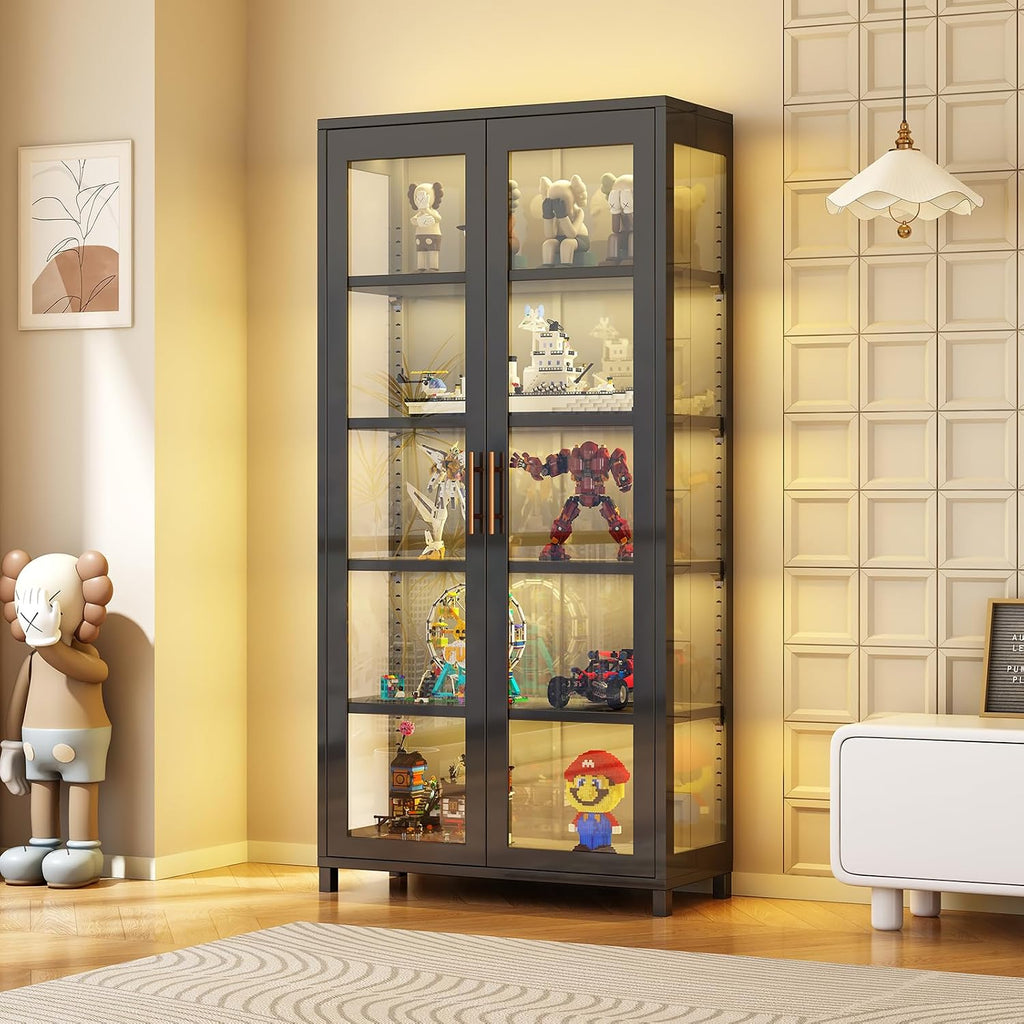 5-Tier Curio Display, Display Cabinet with Glass Door, Collectibles Toy Organizers Rack & Display Case, Bookcase for Bedroom, Office, Toddler's Room