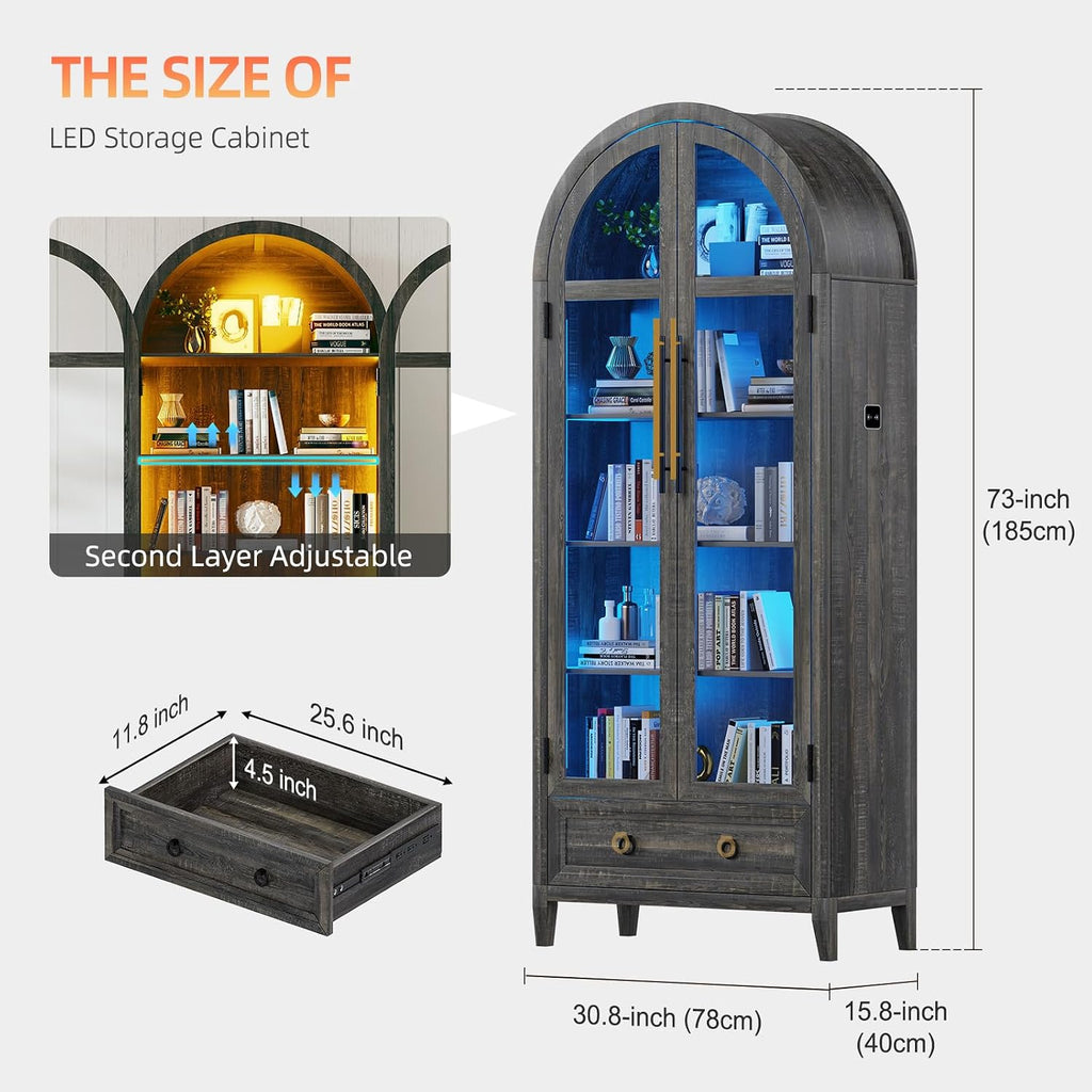 Arch Display Cabinet with Glass Doors, 4-Tier Curio Cabinet Shelves and a Drawer,73' Inch Tall LED Display Case for Collectibles,Bookcase for Bedroom Living Room Office,Brown