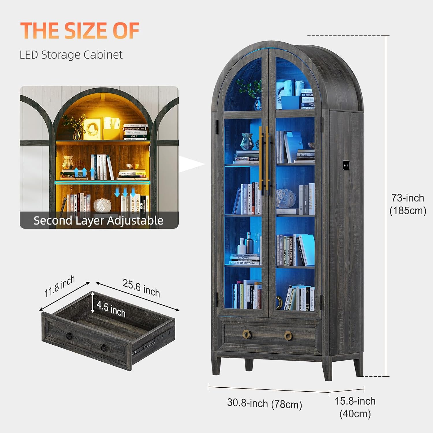 Arch Display Cabinet with Glass Doors, 4-Tier Curio Cabinet Shelves and a Drawer,73' Inch Tall LED Display Case for Collectibles,Bookcase for Bedroom Living Room Office,Brown