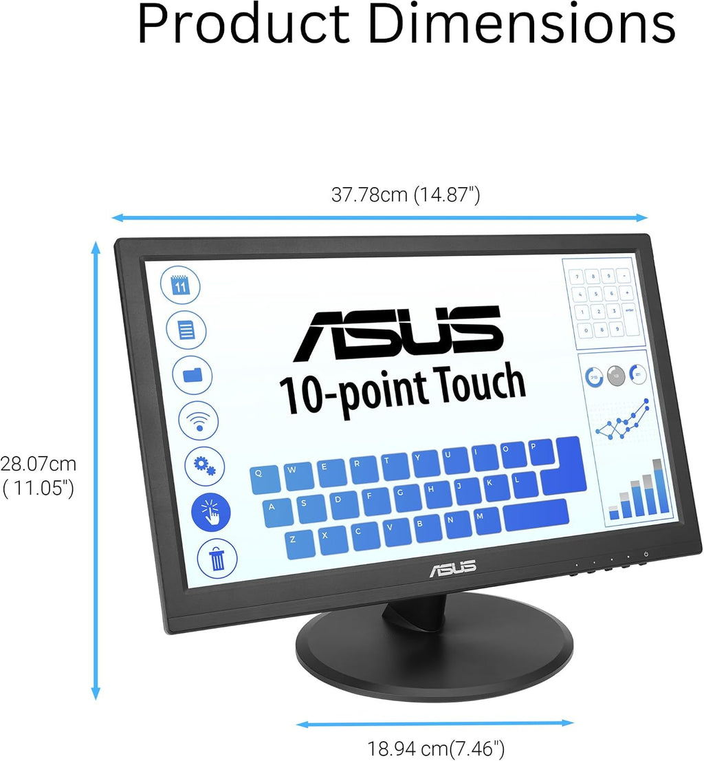 ASUS 15.6' 1080P Touch Monitor (VT169HE) - Full HD, 10-Point Touchscreen, IPS, Wide Viewing Angle, Frameless, Eye Care, Flicker Free, Low Blue Light, HDMI, Windows 11 Compliance, VESA Mountable