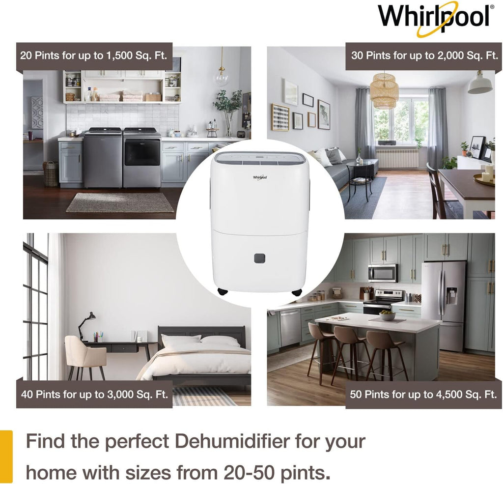 Whirlpool 20-Pint Portable Dehumidifier with Auto-Shutoff & Timer, Home Dehumidifier and Moisture Absorber For Basement, Garage, Living Room in White