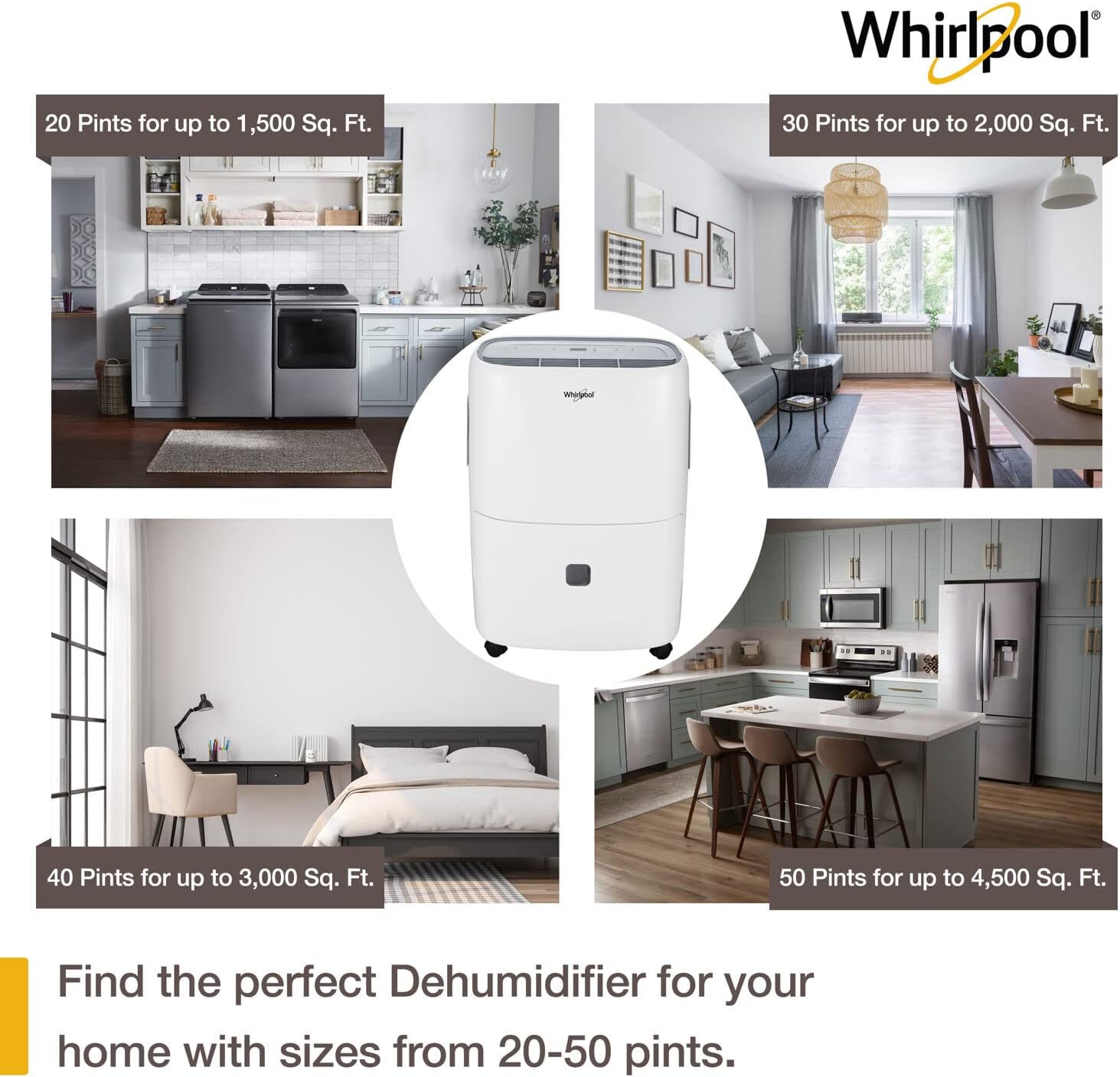 Whirlpool 20-Pint Portable Dehumidifier with Auto-Shutoff & Timer, Home Dehumidifier and Moisture Absorber For Basement, Garage, Living Room in White
