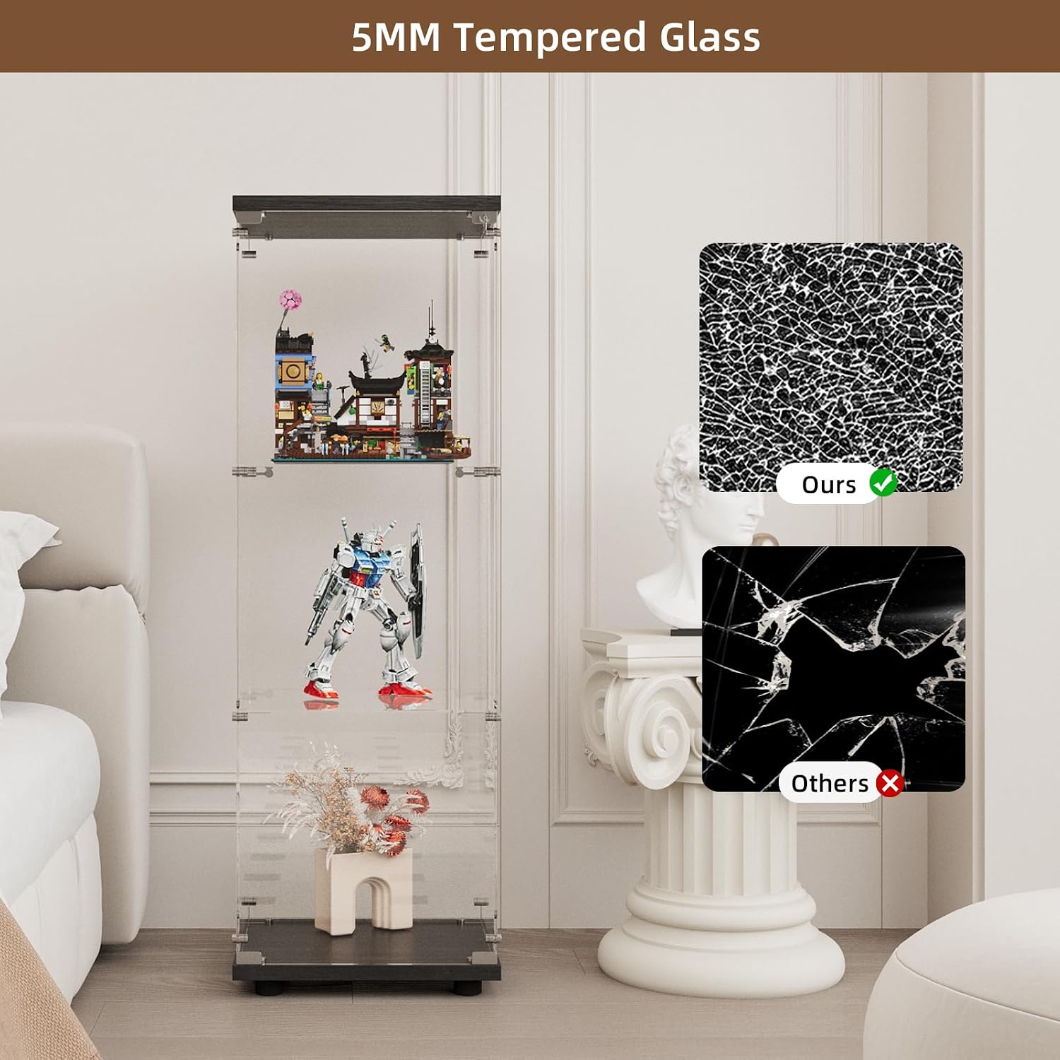 Display Cabinet with Glass Door and Lock, 3-Shelf Fast Installation Curio Cabinets with 5mm Tempered Glass Floor Standing Bookshelf for Living Room (49' Hx 16.7' W x 14.3' D, Black)