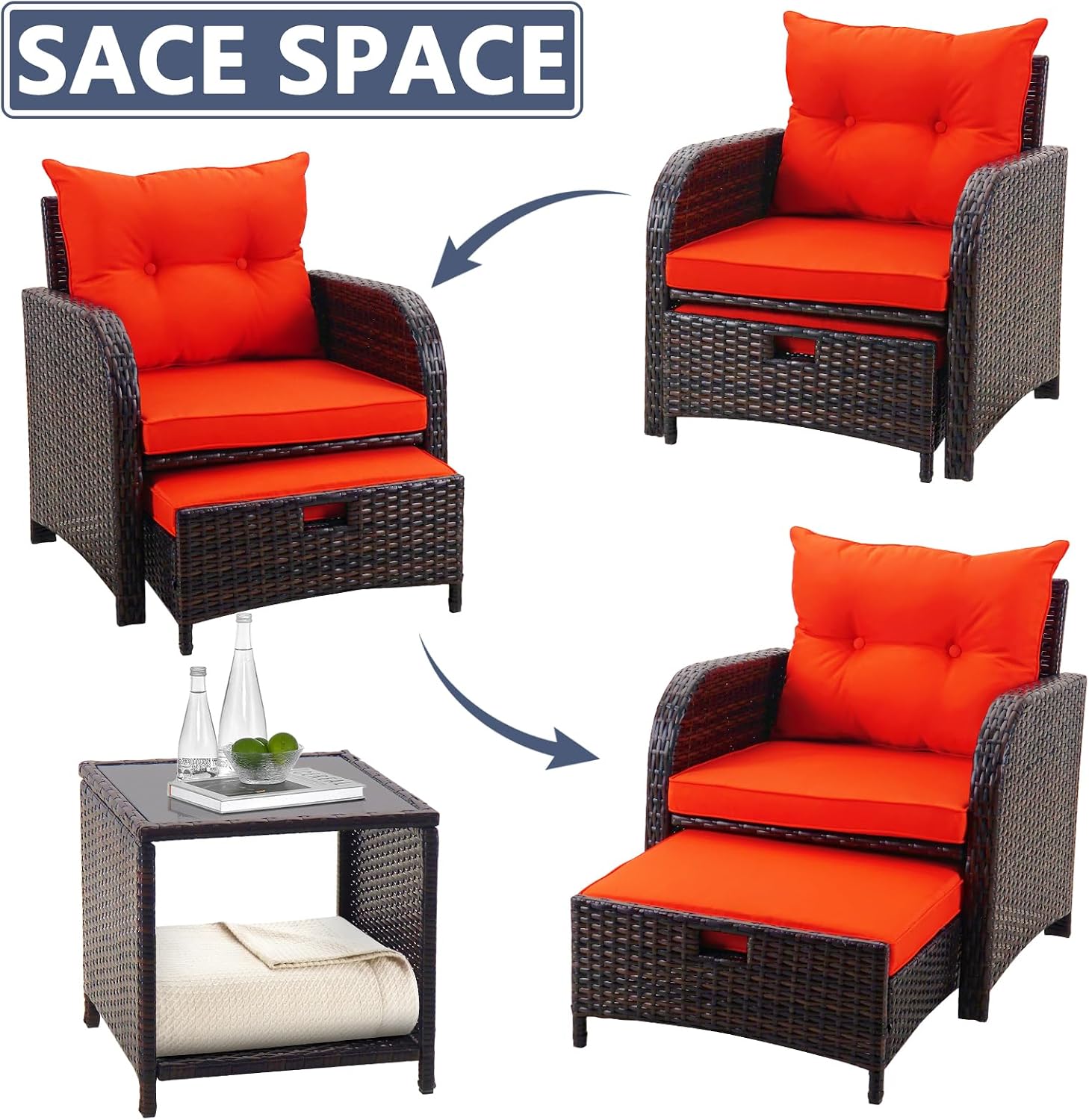 5 Pieces Wicker Patio Chairs Set with Ottomans, Orange Cushioned Lounge Chairs Set of 2 with Ottoman, PE Rattan Outdoor Furniture with Ottoman Set for Balcony Porch
