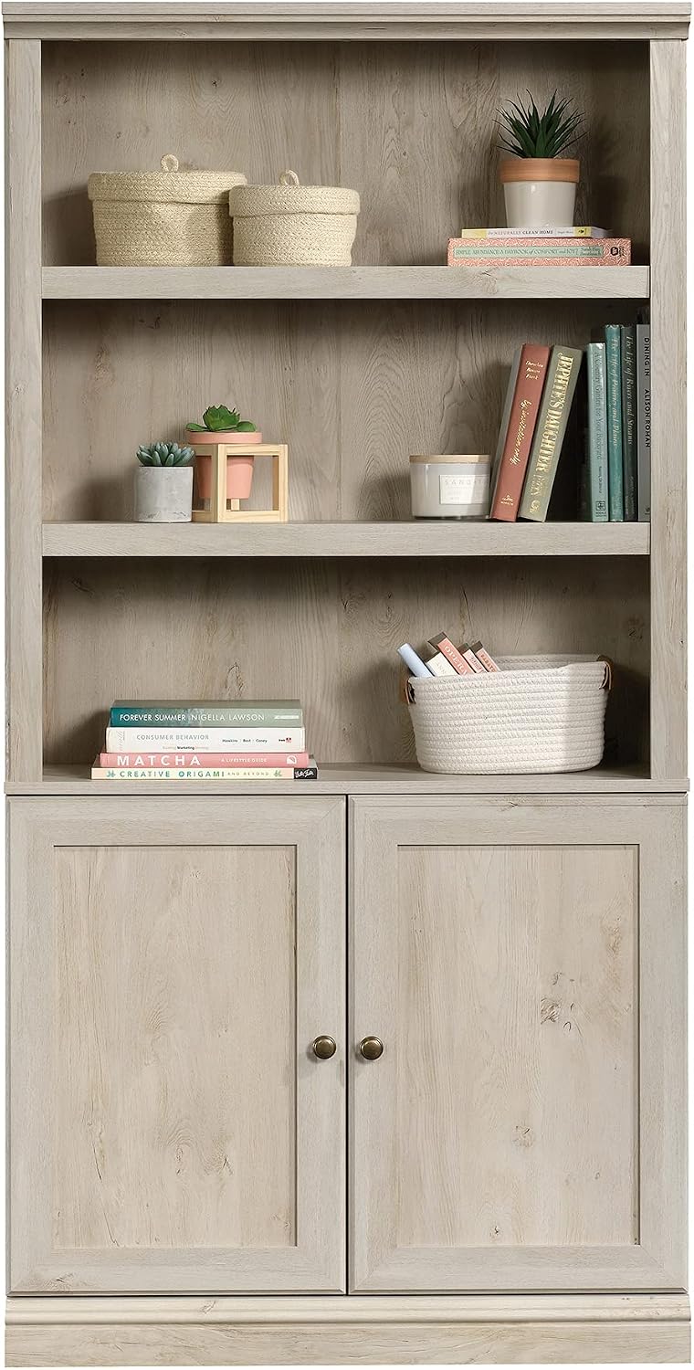 Sauder Miscellaneous Storage Bookcase with Doors, Adjustable Shelves, 5 Shelf Bookcase - Chalked Chestnut Finish