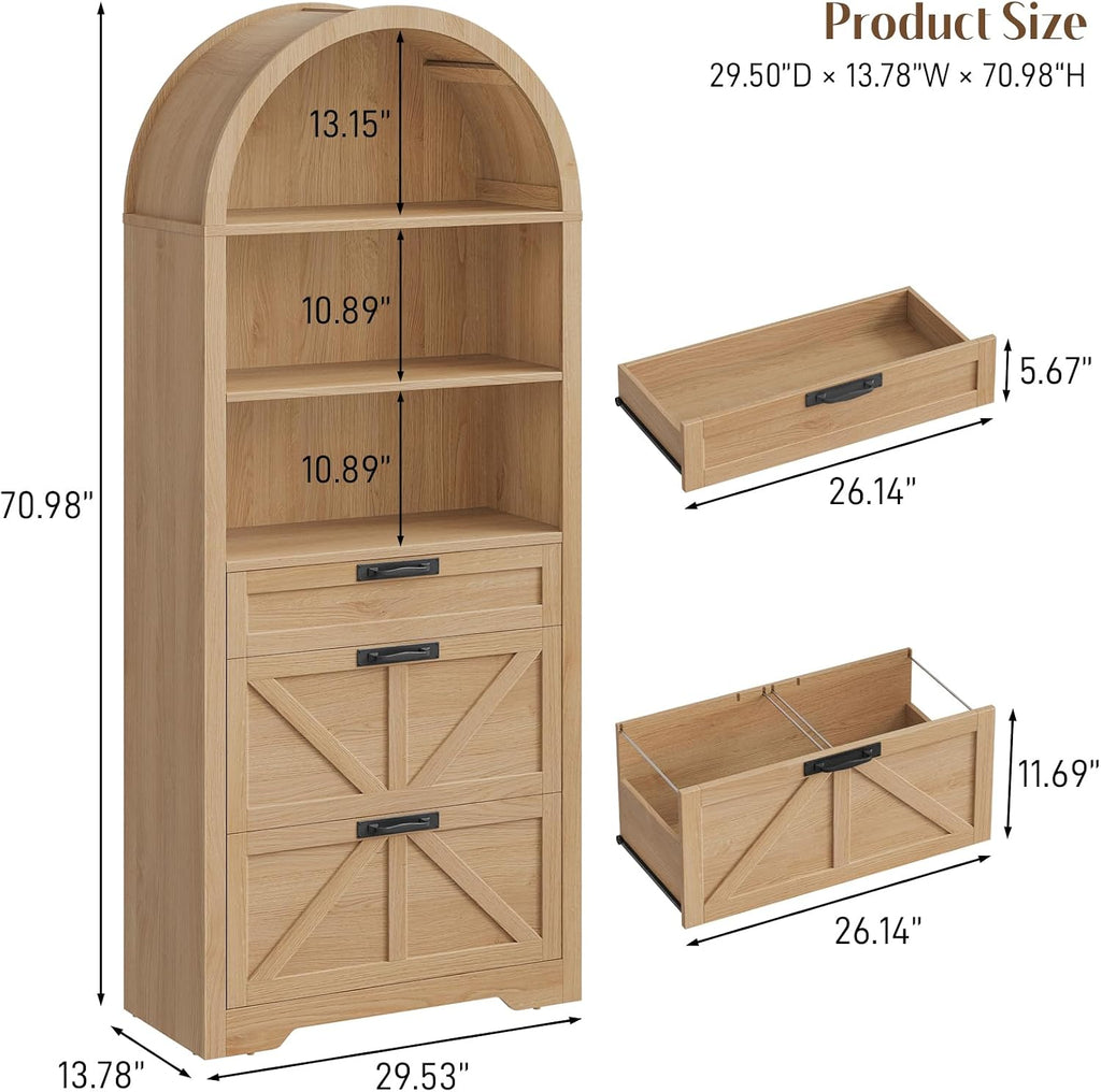 Vabches 71' Tall Arched Bookcase, 3-Tier Bookshelf with File Cabinet Drawer, Farmhouse Freestanding Wooden Bookshelves, Large Open Display Storage Shelves for Home Office, Living Room, Natrual