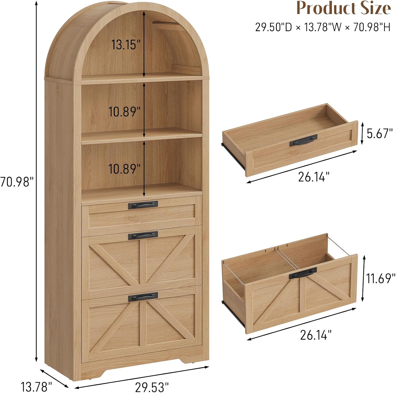 Vabches 71' Tall Arched Bookcase, 3-Tier Bookshelf with File Cabinet Drawer, Farmhouse Freestanding Wooden Bookshelves, Large Open Display Storage Shelves for Home Office, Living Room, Natrual