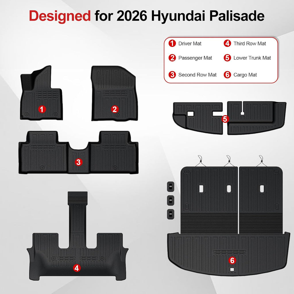 Floor Mats for 2026 Hyundai Palisade 7/8 Seat (Only Gas), All Weather TPE Black Cargo Mat with 3rd Seat Back Cover and Lower Trunk Mat for 2026 Hyundai Palisade Calligraphy Accessories