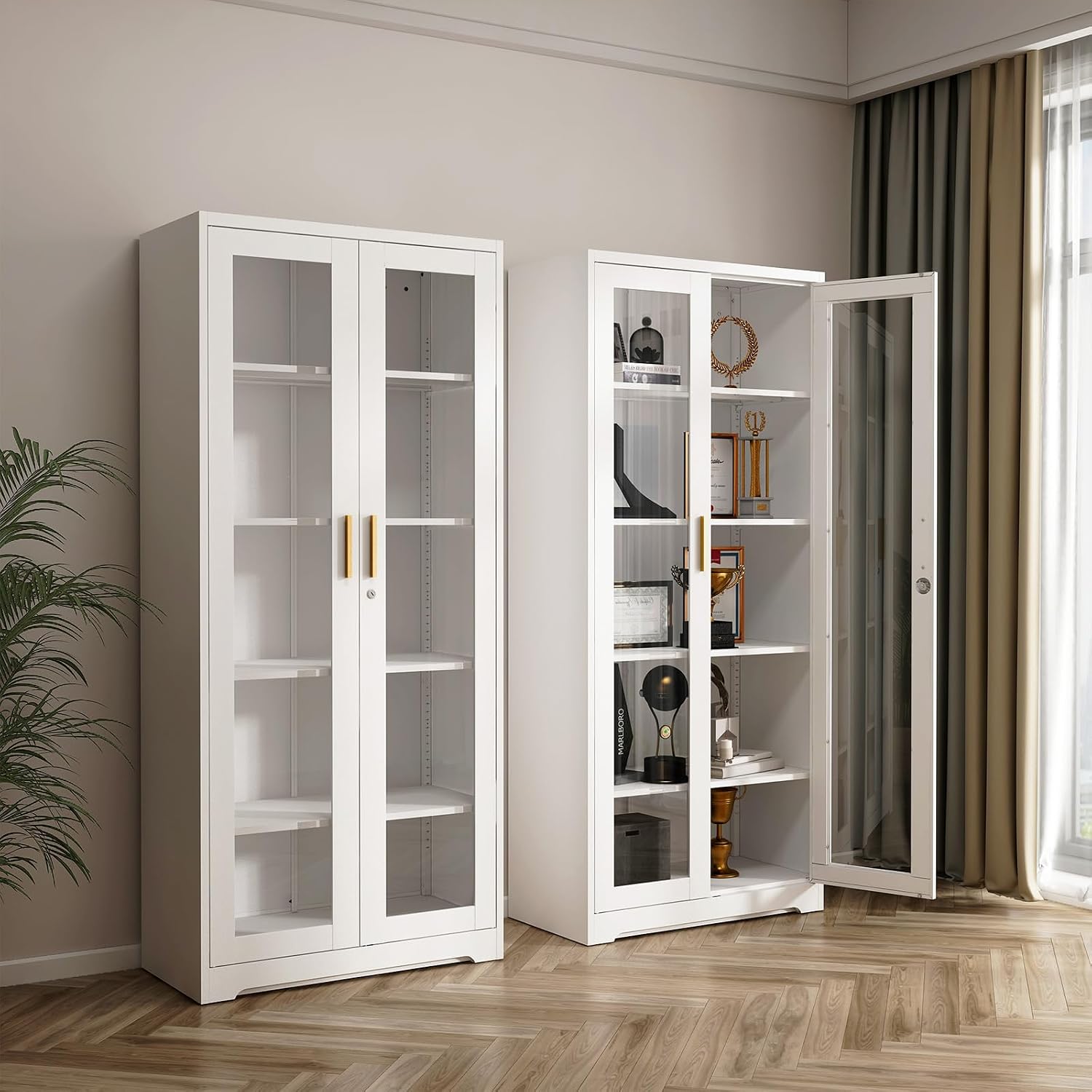71' Glass Display Cabinet, Metal Storage Cabinet with Glass Doors, Curio Display Case with 4 Adjustable Shelves, White Locking Cabinets for Living Room, Kitchen, Hallway - Assembly Required