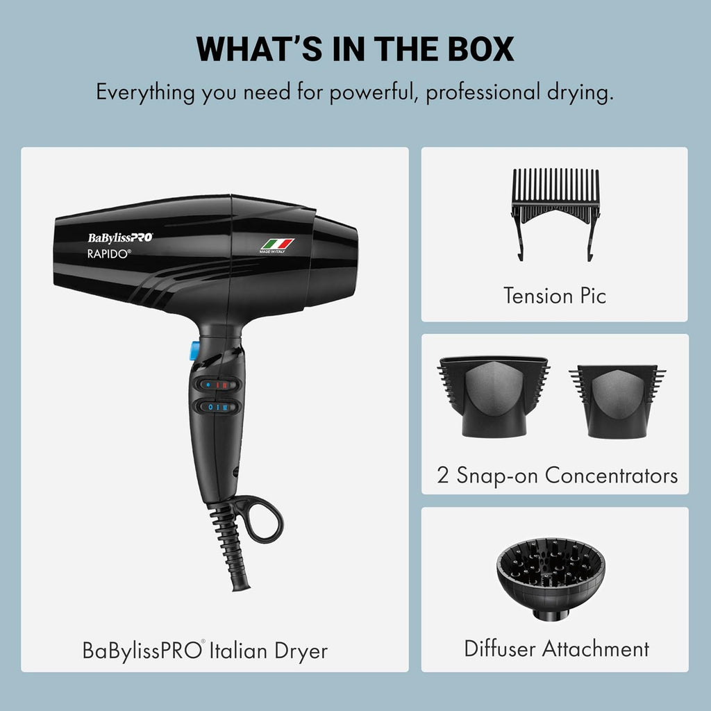 BaBylissPRO Hair Dryer, Nano Titanium Rapido 2000-Watt Blow Dryer, Hair Styling & Appliances, Black, BRAP1